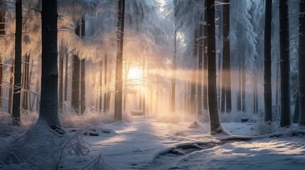 Enchanting Winter Forest Bathed in Sunrise