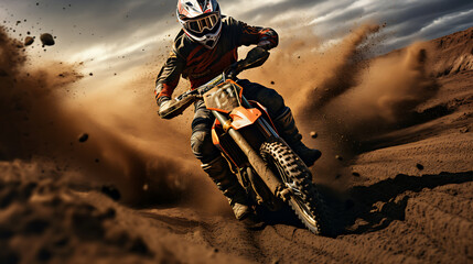 A photo-realistic image of a motorcycle racing on a dirt track. - obrazy, fototapety, plakaty