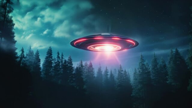 Alien ufo spaceship fly above forest. Futuristic mystery saucer invasion. 3d space ship hover. Mystic starship attack. Humanoid spacecraft landscape. Gravity flight. Nature park spy hiding. Green wood