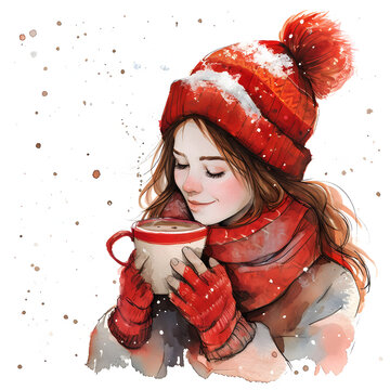 Individual enjoying a hot chocolate on a snowy day isolated on white background, hand drawn, png
