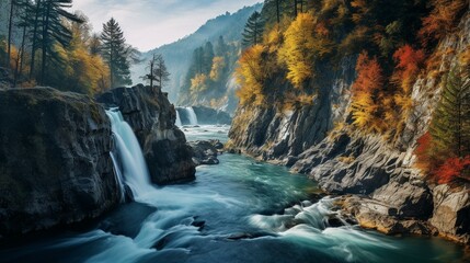 Autumnal Waterfall Beauty in Forested Wilderness