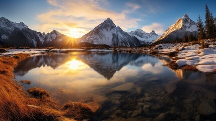 Breathtaking Alpine Sunrise Reflecting on a Tranquil Lake