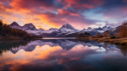 Fototapeta na wymiar Breathtaking Alpine Sunset Reflected in a Calm Lake