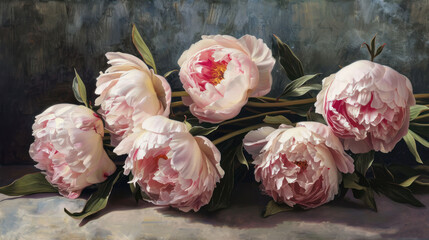  a painting of a bunch of pink peonies with green leaves on a white cloth with a blue background and a gray wall behind it is a painting of a few pink peonies with green leaves.