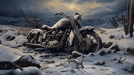 A photo-realistic image of a motorcycle in a snowy landscape. - obrazy, fototapety, plakaty