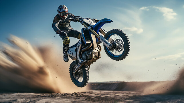A photo-realistic image of a motorcycle stunt.