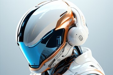 Handsome robot man with blue glassy eyes and futuristic appearance in white and blue