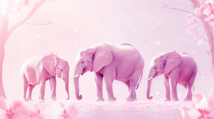  a group of three elephants standing next to each other in front of a tree with pink flowers in the foreground and a pink sky with pink flowers in the background.