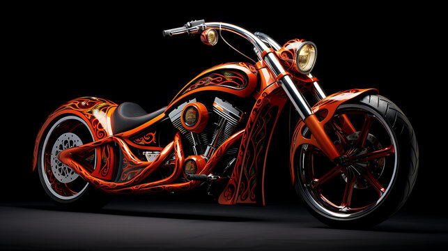 A photo-realistic image of a motorcycle with a custom paint job.