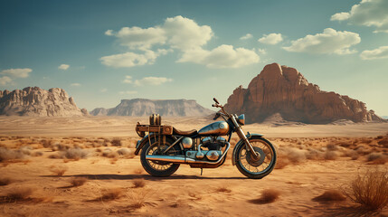 A photo-realistic image of a motorcycle in a desert landscape. - obrazy, fototapety, plakaty