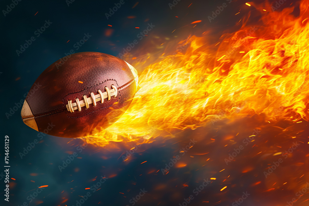 Wall mural american football flying like a comet with trail of fire and smoke on night sky blue background