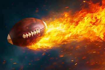 American football flying like a comet with trail of fire and smoke on night sky blue background