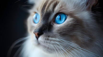 close up of a cat, stunning Ragdoll cat with striking blue eyes, highlighting its beautiful and captivating gaze - obrazy, fototapety, plakaty