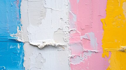 close up of colorful paint, white rough filler plaster fa? section ade wall texture background