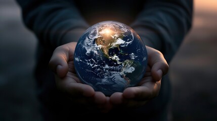 Human hands holding blue earth, save earth concept