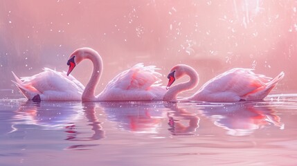  a group of three flamingos floating on top of a body of water next to a lush green forest covered in pink and white flowers on a pink and blue background.