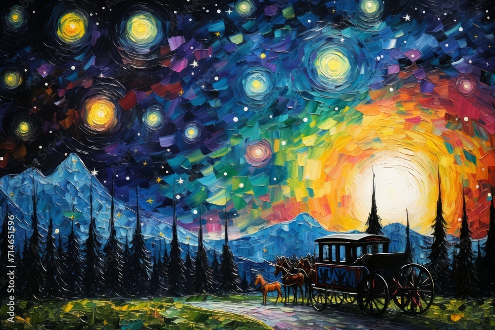 Wall mural whimsical starry night carriages, traversing the cosmos and granting wishes to dreamers - generative