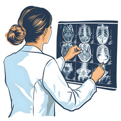 Radiologist examining x-ray images isolated on white background, doodle style, png
