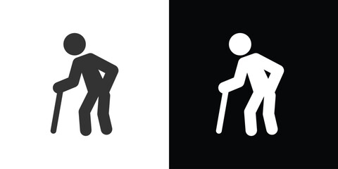 old man carrying stick on black and white