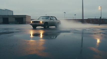A video of a car drifting in a closed parking lot. - obrazy, fototapety, plakaty