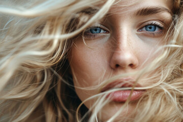 Intense gaze of a woman framed by windswept blonde hair, a portrait of natural allure and thoughtful expression