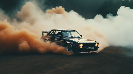 A video of a car drifting through a smoke-filled course. - obrazy, fototapety, plakaty