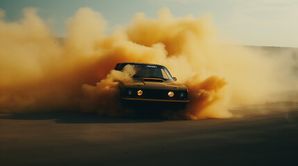 Fototapeta na wymiar A video of a car drifting through a smoke-filled course.