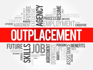 Outplacement is a support service provided by organizations to help former employees transition to new jobs, word cloud concept background
