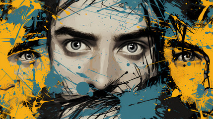 Man Face Eyes with eyelashes, hand drawn backdrop. Colorful seamless pattern illustration. Decorative male wallpaper printing. Overlapping background in glitch psychedelic style pattern
