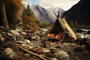 Fototapeta premium A cozy canvas tent with a chair and outdoor equipment sits by a bubbling mountain river surrounded by autumn foliage and snow-capped peaks.