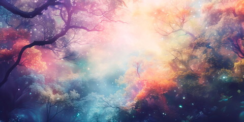 enchanted forest canopy, with whimsical trees and soft, ethereal flowers. - obrazy, fototapety, plakaty