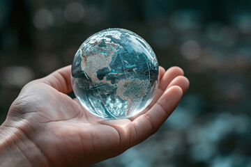 Crystal glass globe earth ball on human hand, 