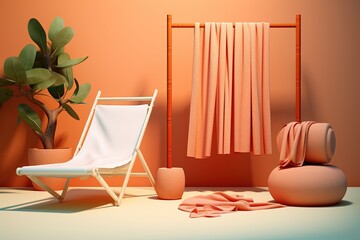 Fototapeta premium Stylish interior decor featuring a white designer chair, potted plant, and coral-colored towels on a bamboo ladder, set against a warm orange backdrop.