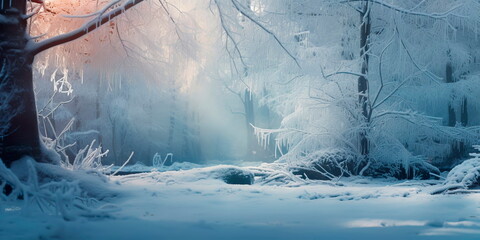 Winter forest with sparkling snow, where the trees are adorned with frost and icicles