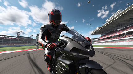 A virtual reality experience of riding a superbike on a race circuit.