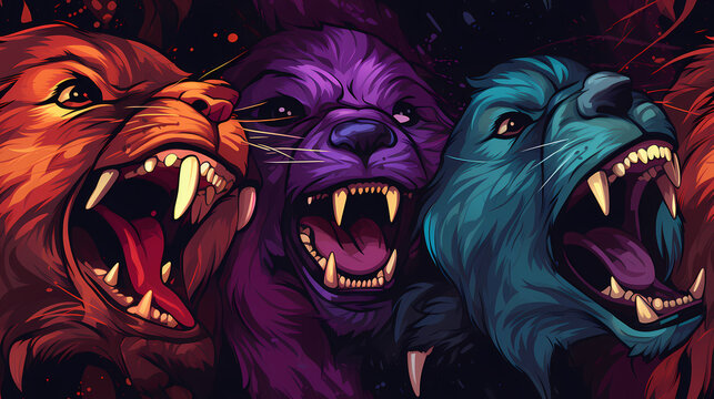 Animal lion psychedelic glitch style, illustration design, seamless glow nature jungle background, wildlife print for covers, booklets, wrappers