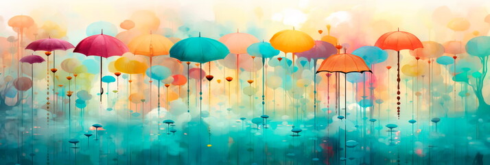 watercolor background featuring floating umbrellas in the rain, creating a whimsical and charming atmosphere.