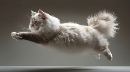 cat on a white, a regal Ragdoll cat gracefully leaping through the air, showcasing its agility and athleticism during playtime