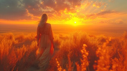 Obraz premium a woman standing in a field with the sun setting in the background and a field of tall grass in the foreground with tall grass in the foreground and the foreground.
