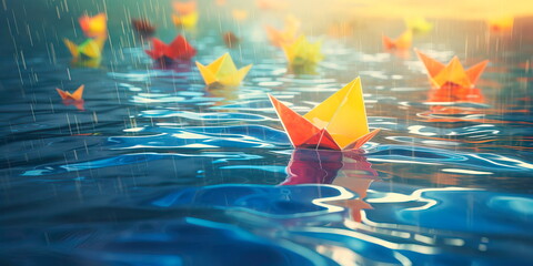 watercolor background capturing the whimsy of paper boats sailing in a puddle after the rain. - obrazy, fototapety, plakaty