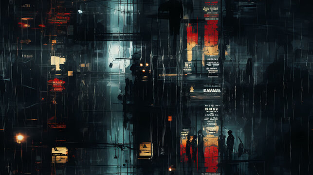 View of modern buildings and cityscape seamless background with digital glitch psychedelic effect illustration. Business building urban pattern.