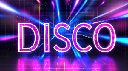 Vibrant purple neon DISCO sign in retro 90s style glowing maximalist background