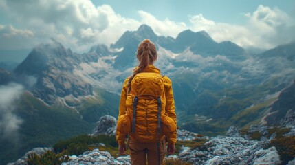  a woman in a yellow jacket standing on top of a mountain with a view of a valley and a mountain range in the distance with clouds and mountains in the background.