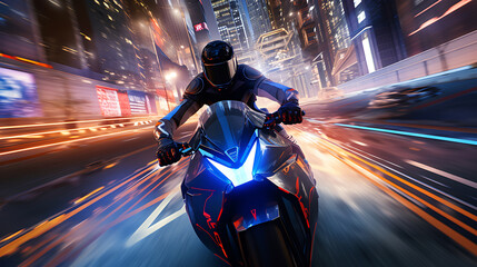 A virtual reality simulation of a motorcycle race in a futuristic city. - obrazy, fototapety, plakaty
