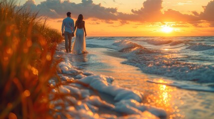  a man and a woman are walking on the beach with the sun setting in the background as the waves lap over the beach and the sand and grass in the foreground. - obrazy, fototapety, plakaty