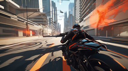 A virtual reality simulation of a motorcycle race in a futuristic city. - obrazy, fototapety, plakaty