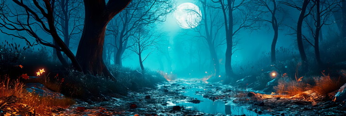 magical watercolor landscape of a fairy-tale night, a forest clearing flooded with moonlight