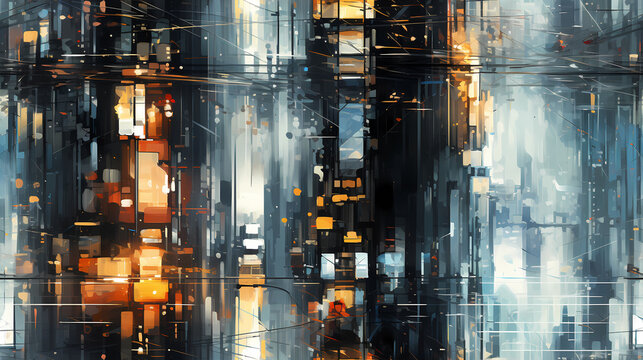 View of modern buildings and cityscape seamless background with digital glitch psychedelic effect illustration. Business building urban pattern.