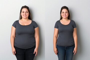 Woman posing before and after weight loss. Diet and healthy nutrition. Fitness results, get fit....