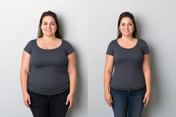 Foto op Plexiglas Woman posing before and after weight loss. Diet and healthy nutrition. Fitness results, get fit. Liposuction results, plastic surgery. Transformation from fat to athlete. Overweight and slim, training © Magryt